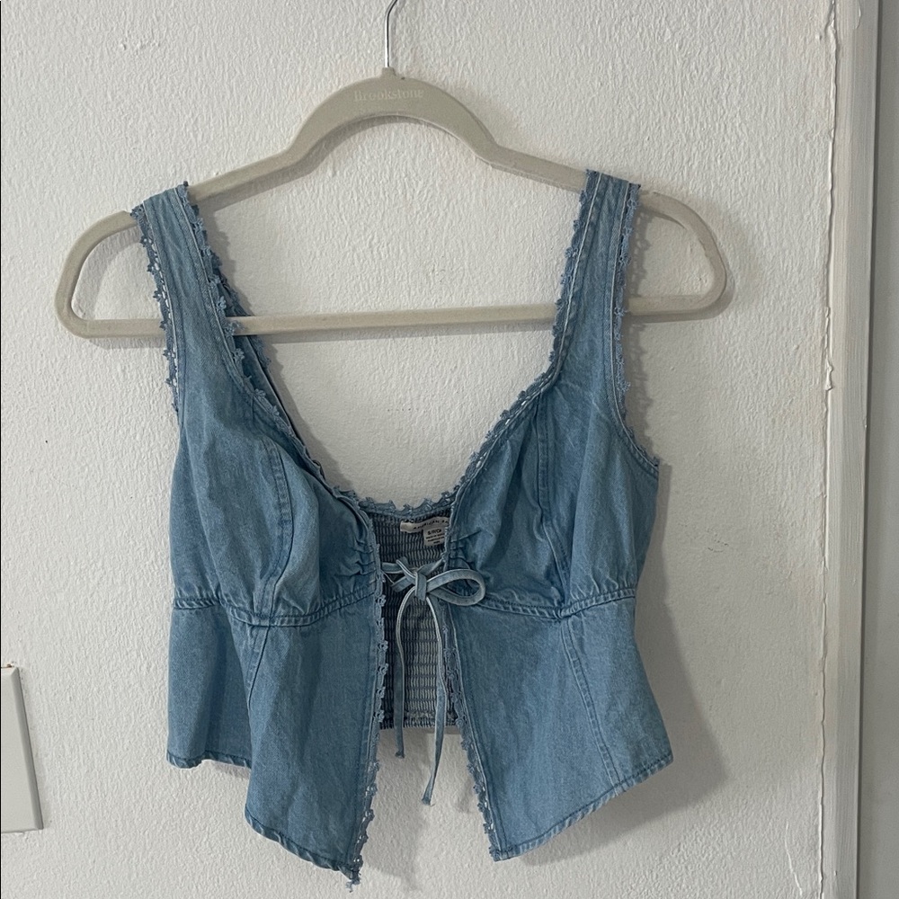 American Eagle Outfitters Light Blue Denim Lace-Trim Tie-Front Camisole